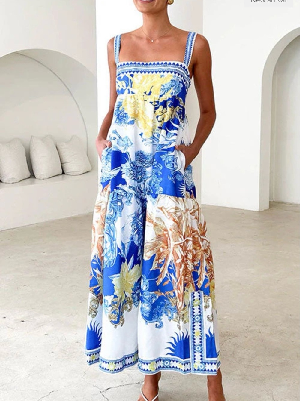 Blue Floral Print Tiered Maxi Sundress with Pockets